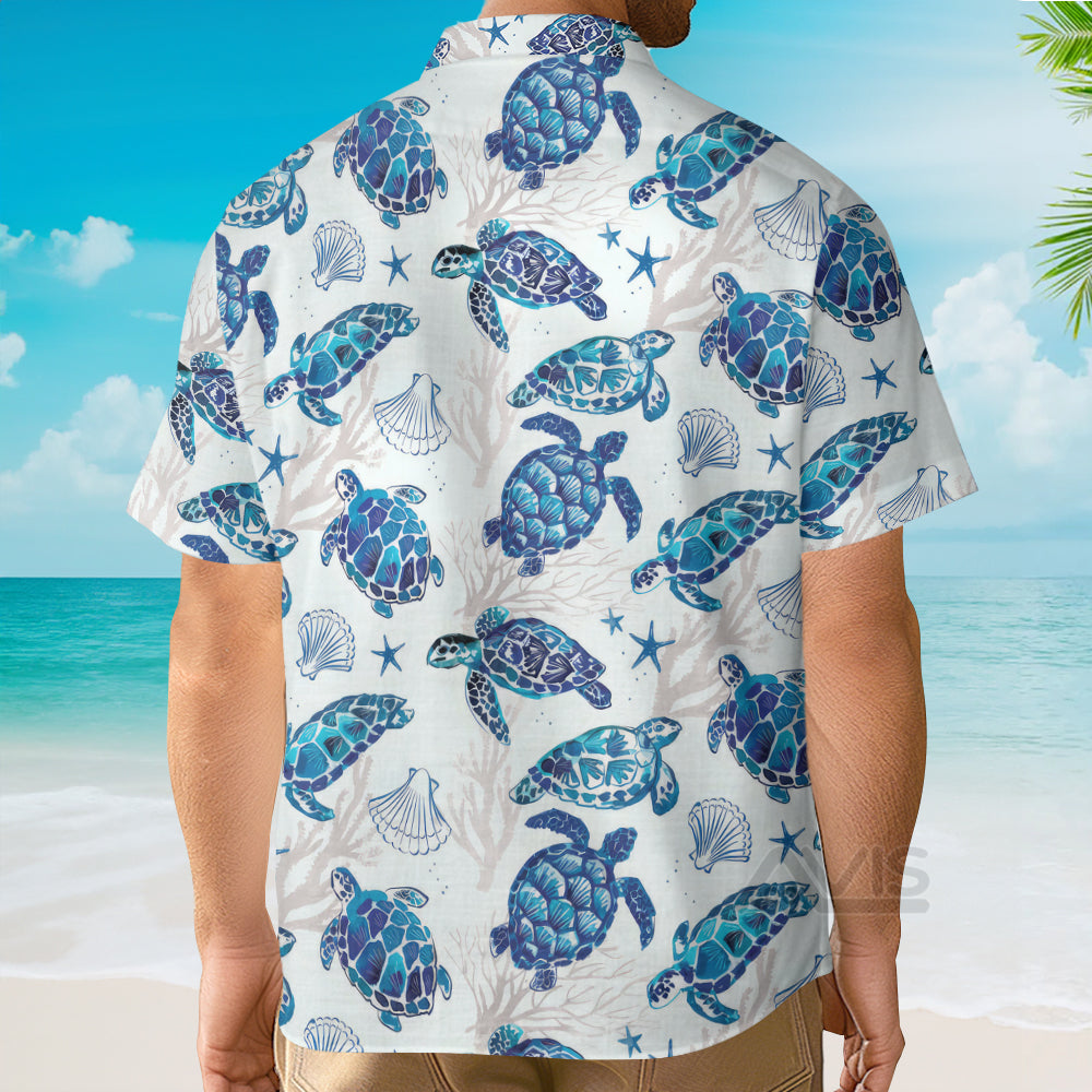 Blue Sea Turtle And Mussel Pattern - Hawaiian Shirt
