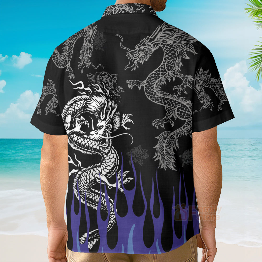 Tribal Tattoo Dragon With Blue Flame Hawaiian Shirt