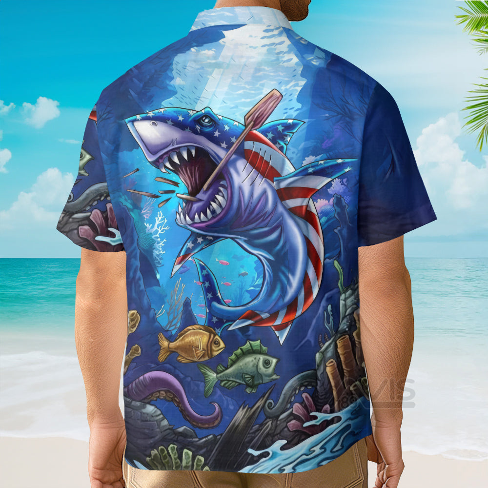 Angry Shark The US Flag - Hawaiian Shirt