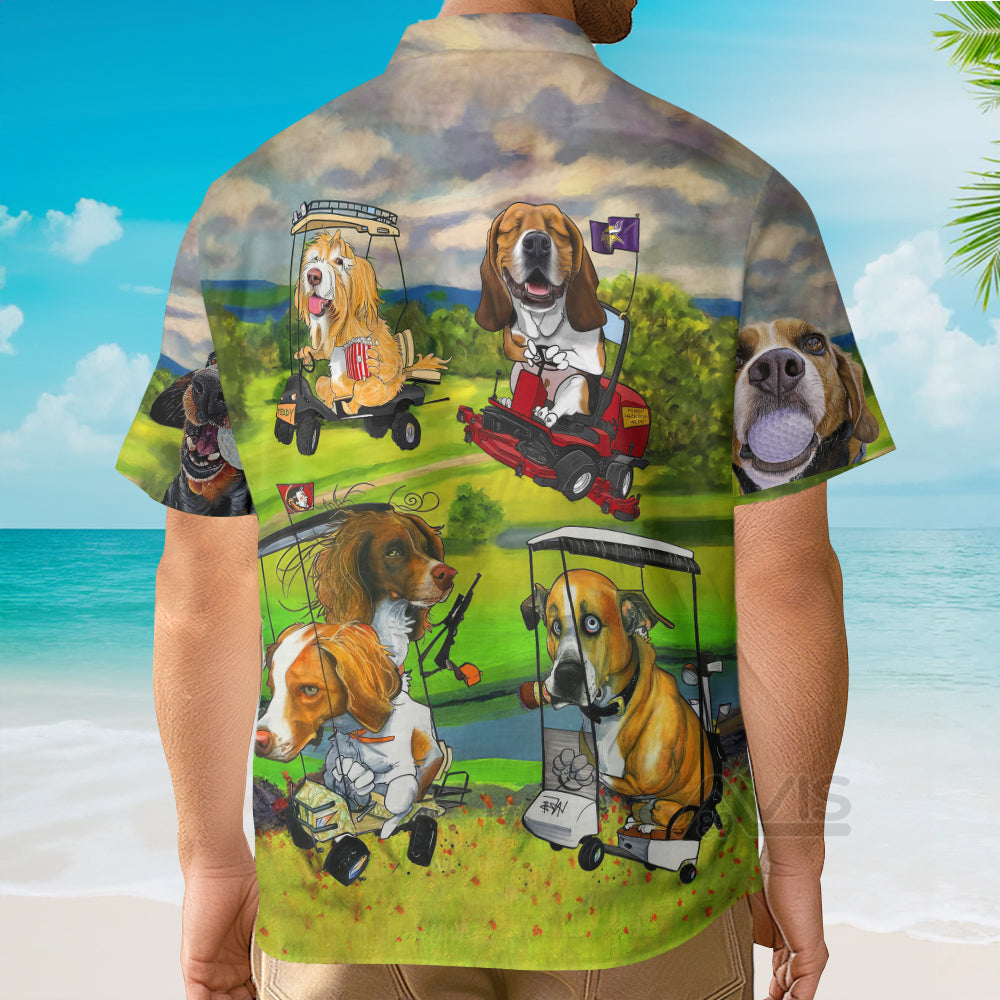 Golf Dog Driving Golf Cart Art Style - Gift For Dog Lovers - Hawaiian Shirt