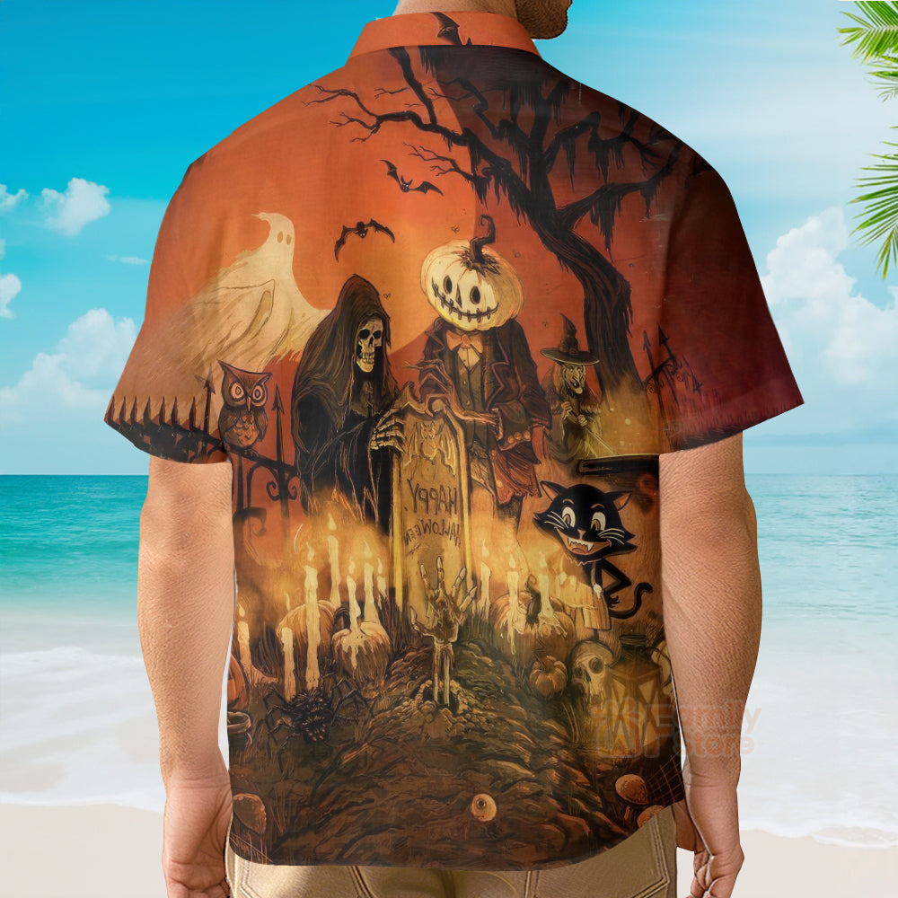 Vintage Halloween Grim Reaper, Black Cat - Hawaiian Shirt