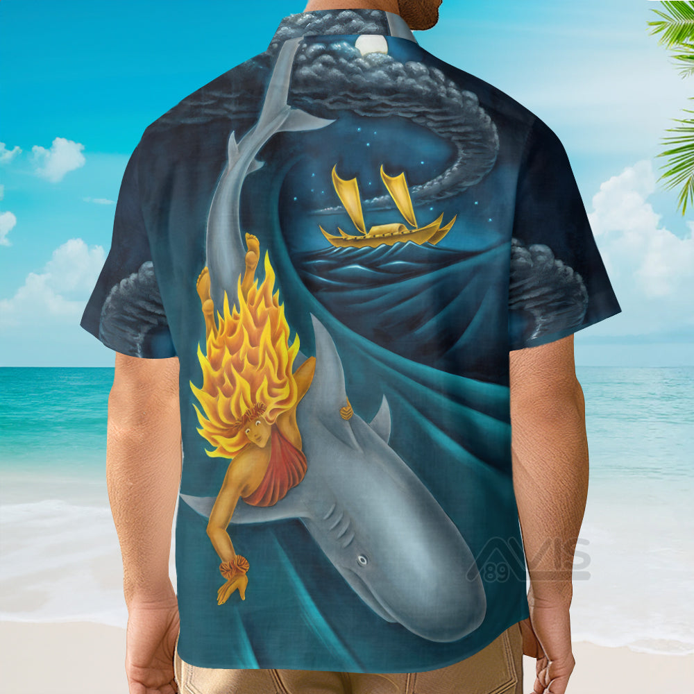 Shark Surfing In The  Ocean Blue Pattern - Hawaiian Shirt