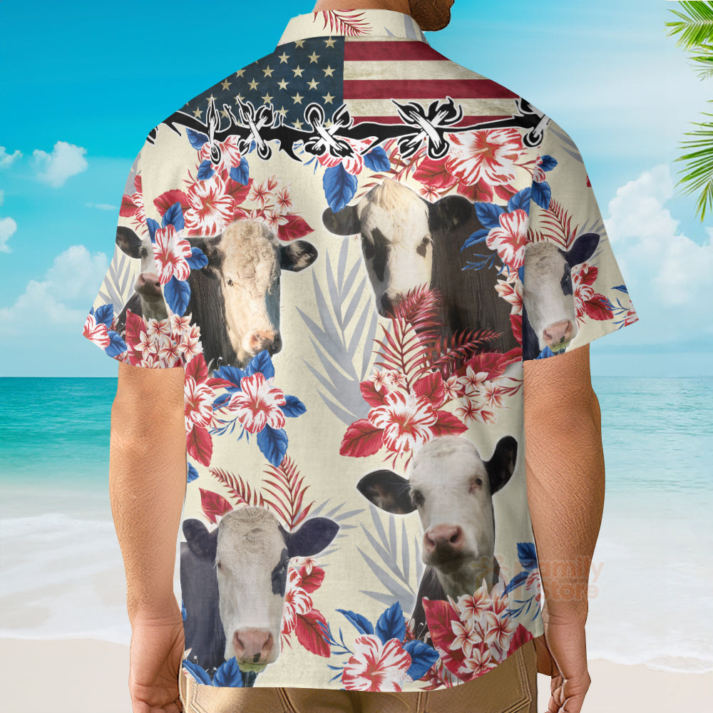 Black Baldy Pattern US Flag Hawaiian Shirt, Farm Cow Hawaiian Shirt