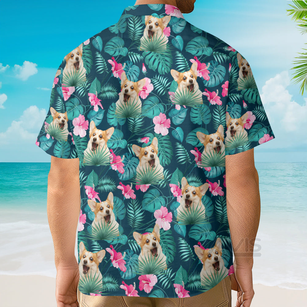 Custom Photo Dog Face Floral Leaves Tropical Pattern - Gift For Dog Lovers - Hawaiian Shirt