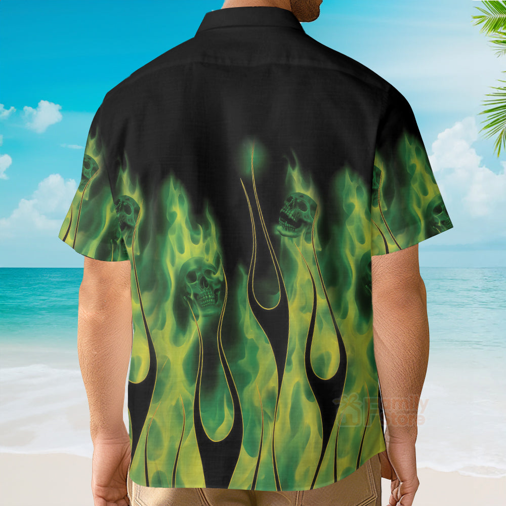 Green Flame Skull Flame - Chest Pocket Short Sleeve Hawaiian Shirt