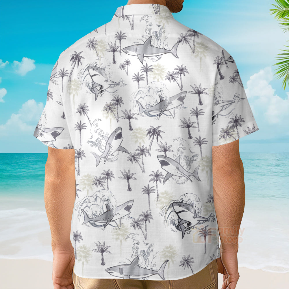 Retro Palm Tree & Shark Print Hawaiian Shirt - Beach Themed