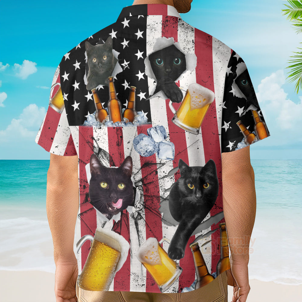 Beer And Black Cat American Flag Vintage - Hawaiian Shirt