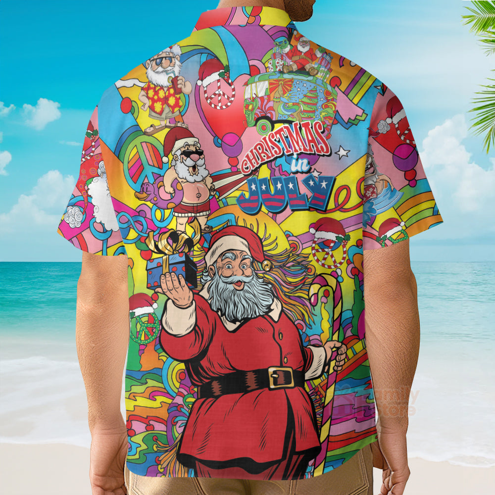 Christmas In July Santa Hippie Sending Gift In Summer Hawaiian Shirt