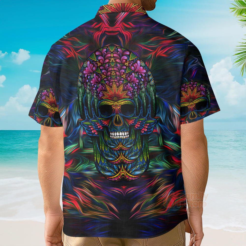 Skull Neon Light And Flower Pattern - Hawaiian Shirt