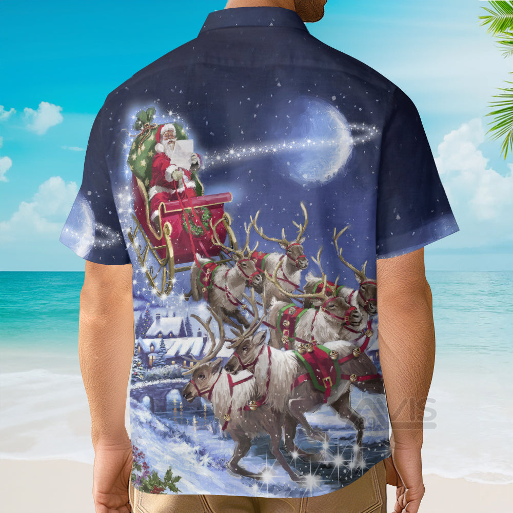 Santa Claus With Reindeer On Christmas Day - Hawaiian Shirt