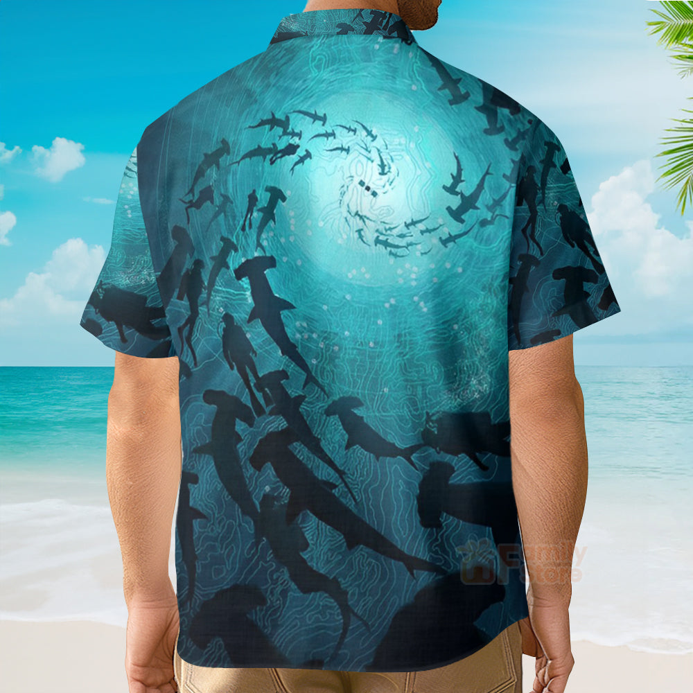 Ocean Themed Marine Life Shark - Chest Pocket Short Sleeve Hawaiian Shirt
