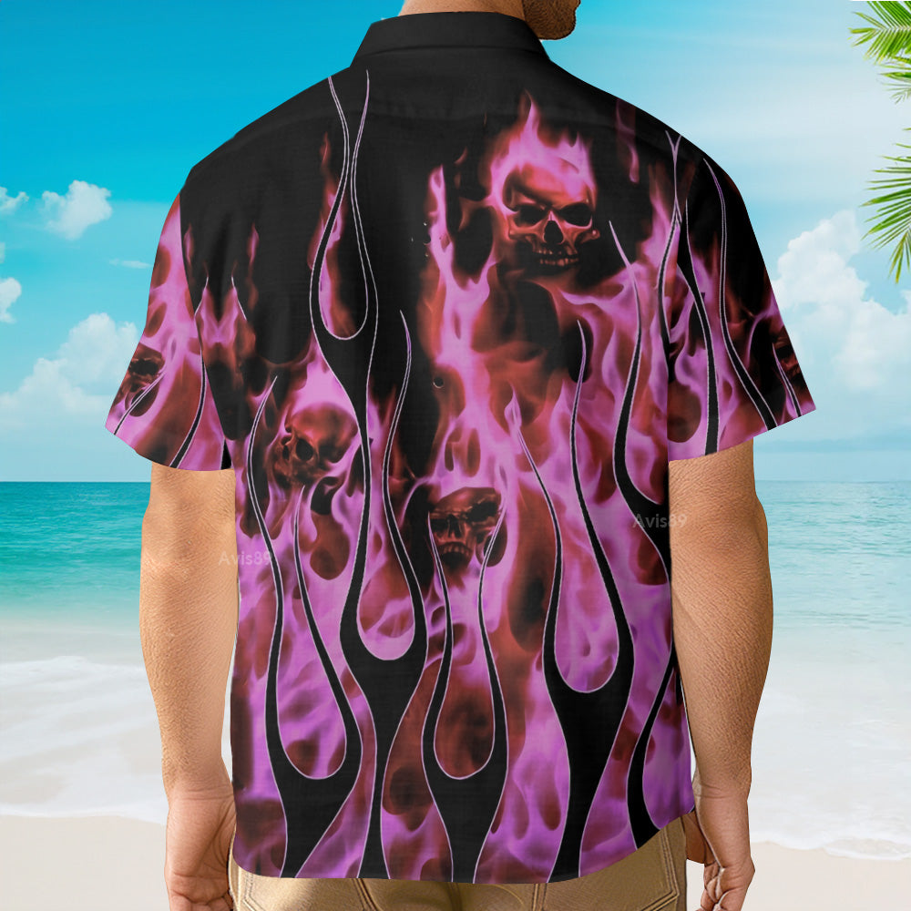 Casual Light Pink Flame Skull Print Aloha Shirt