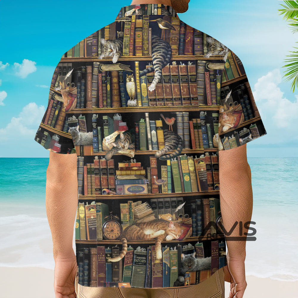 Book And Cat Vintage - Gift For Cat Lovers - Hawaiian Shirt