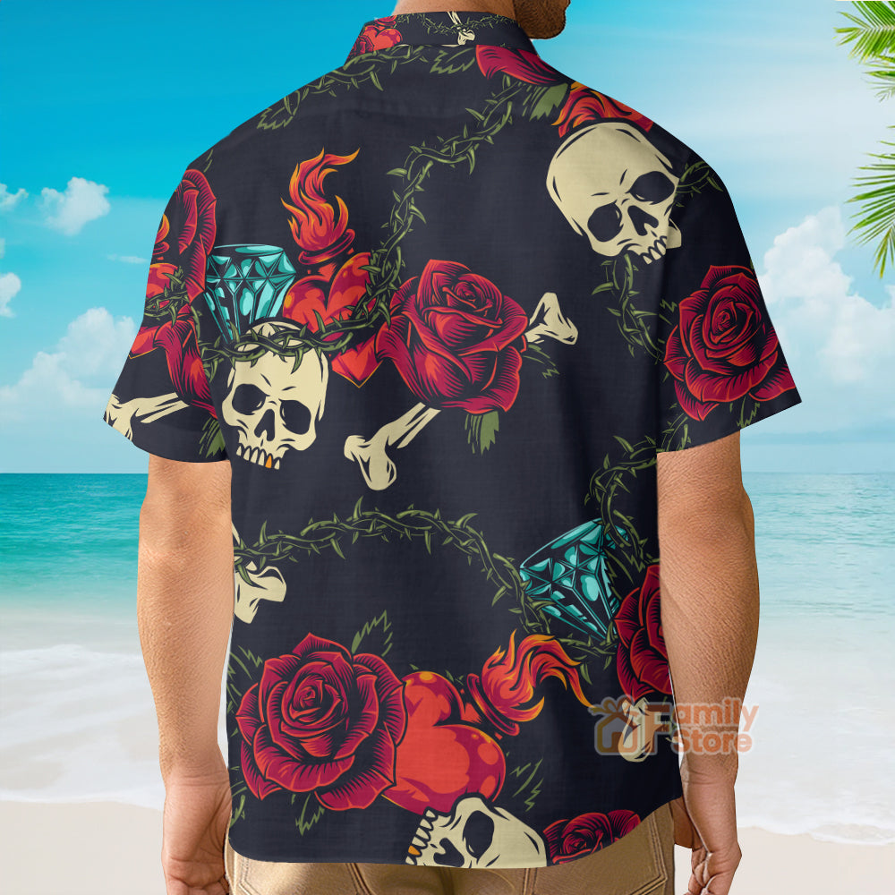Vintage Black Skull Heart Rose Easy Care - Hawaiian Shirt