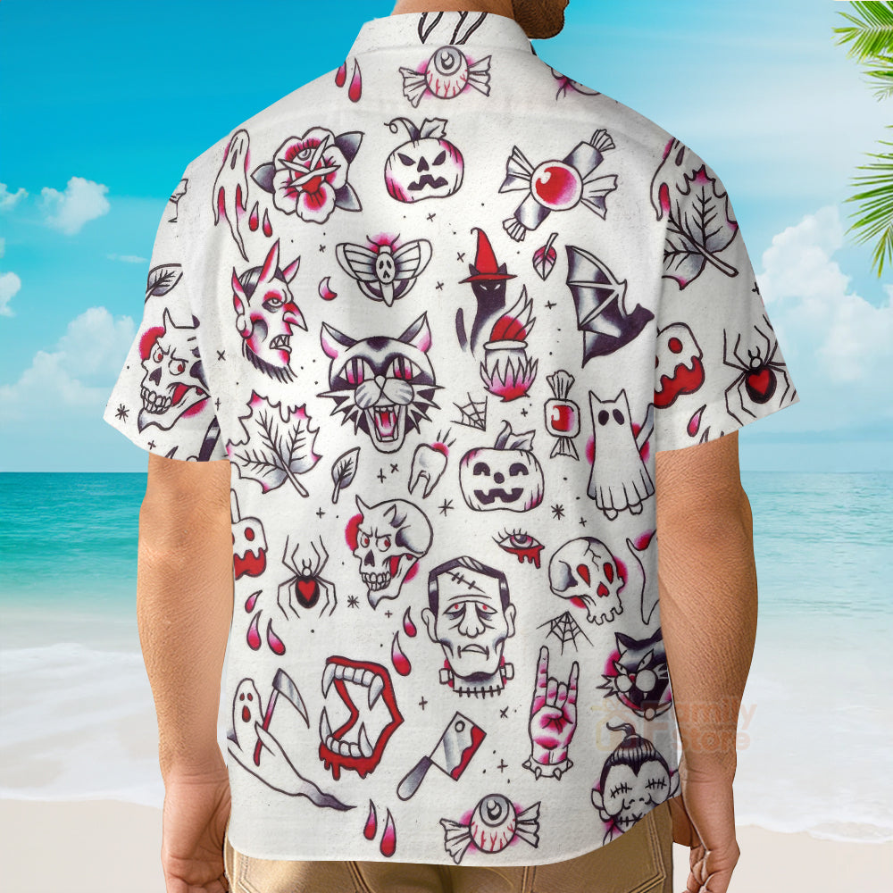 Fun Halloween Elements Tattoo Style Hawaiian Shirt