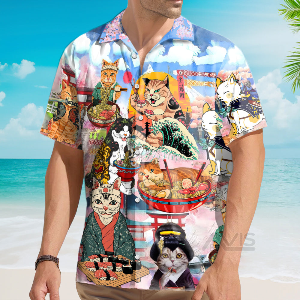 Cat Samurai With Ramen Lovely - Hawaiian Shirt