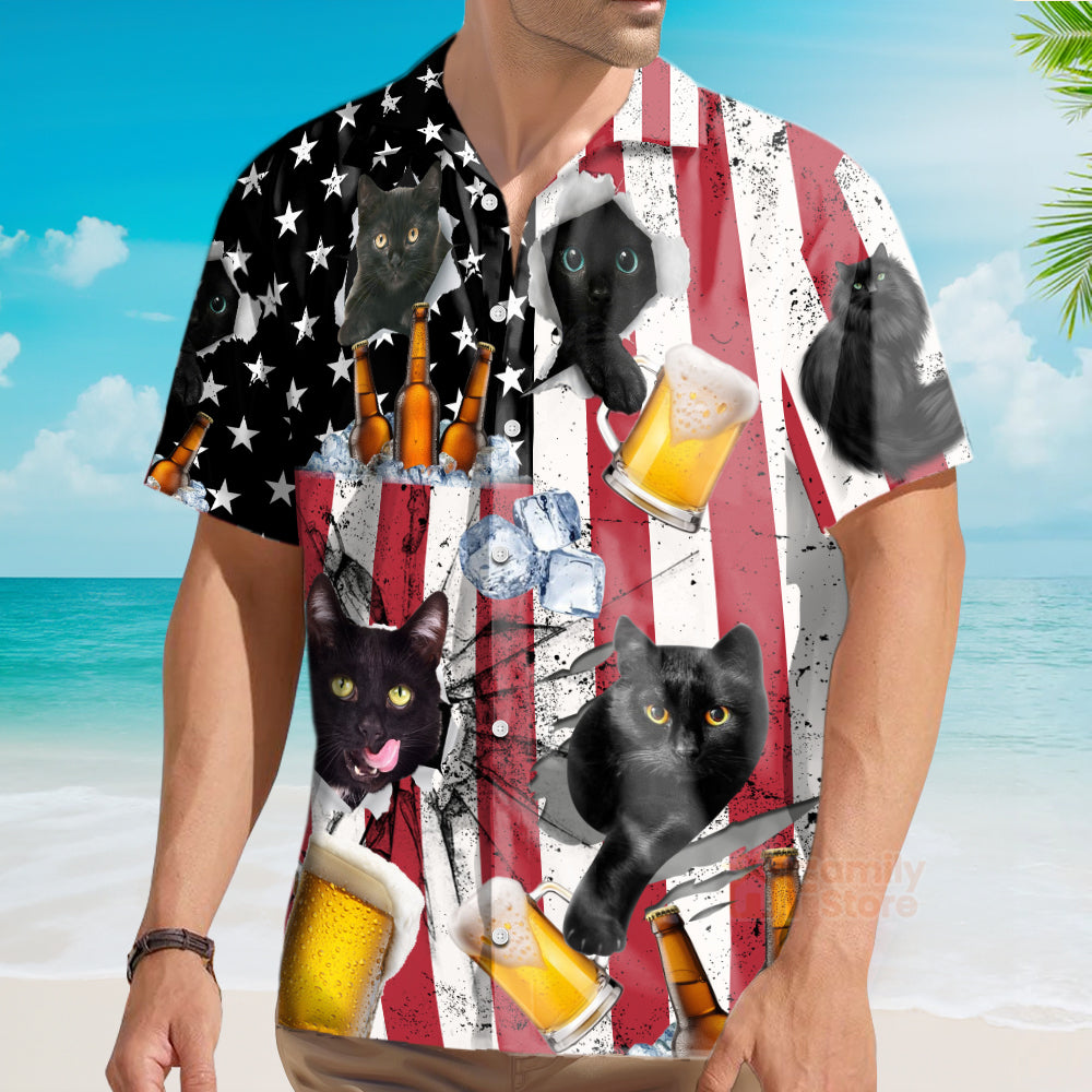 Beer And Black Cat American Flag Vintage - Hawaiian Shirt