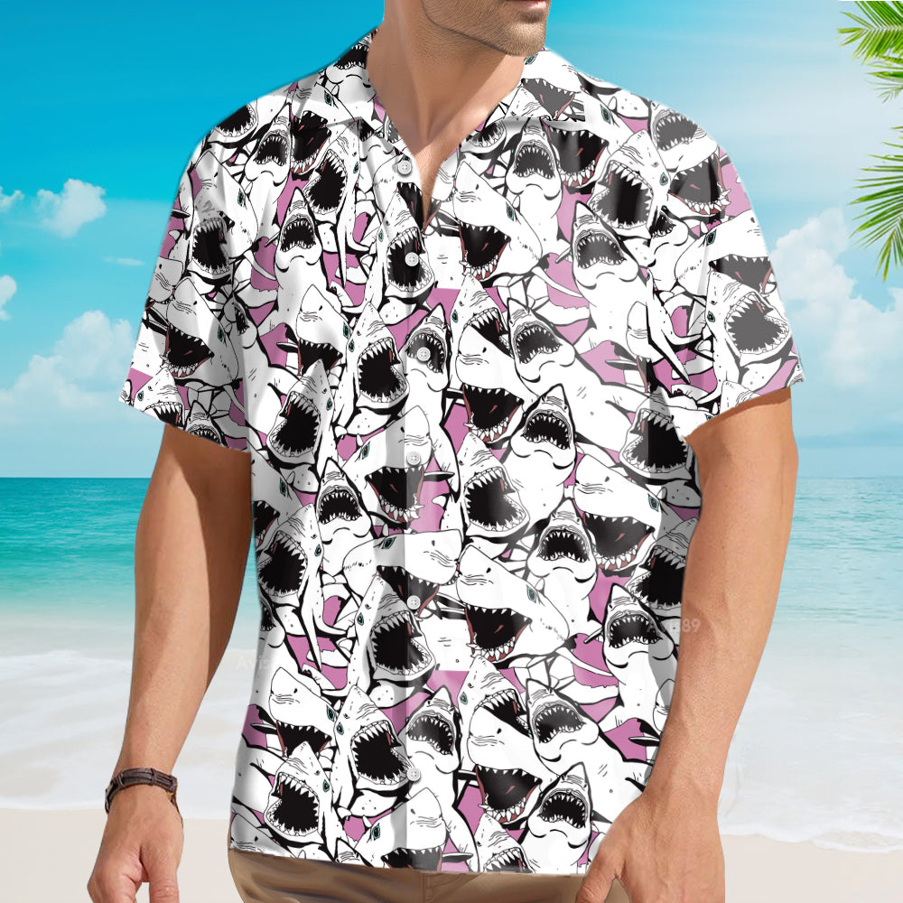 Shark Pattern White Pink - For Men And Women - Hawaiian Shirt