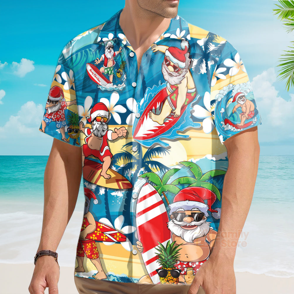 Funny Santa Mele Kalikimaka Christmas In July Surfing Lover Hawaiian Shirt