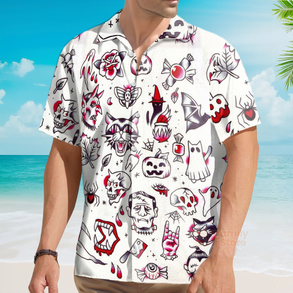 Fun Halloween Elements Tattoo Style Hawaiian Shirt