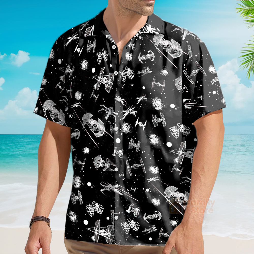 Stwa Spacecraft Pattern Button Down Hawaiian Shirt