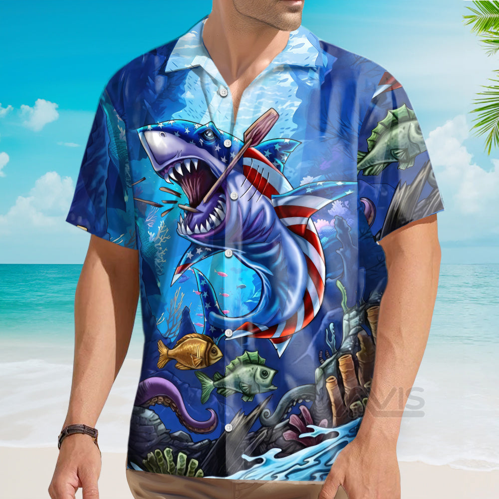 Angry Shark The US Flag - Hawaiian Shirt