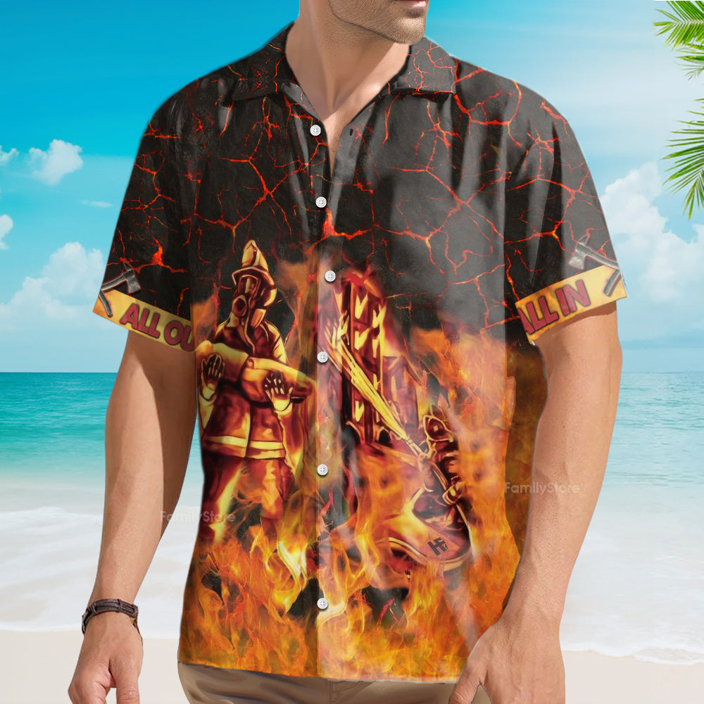 Fire Truck On Flame Firefighter Hawaiian Shirt For Men