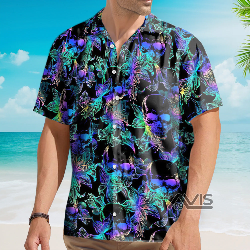 Psychedelic Hippie Colored Spiral Twisted Skulls - Hawaiian Shirt