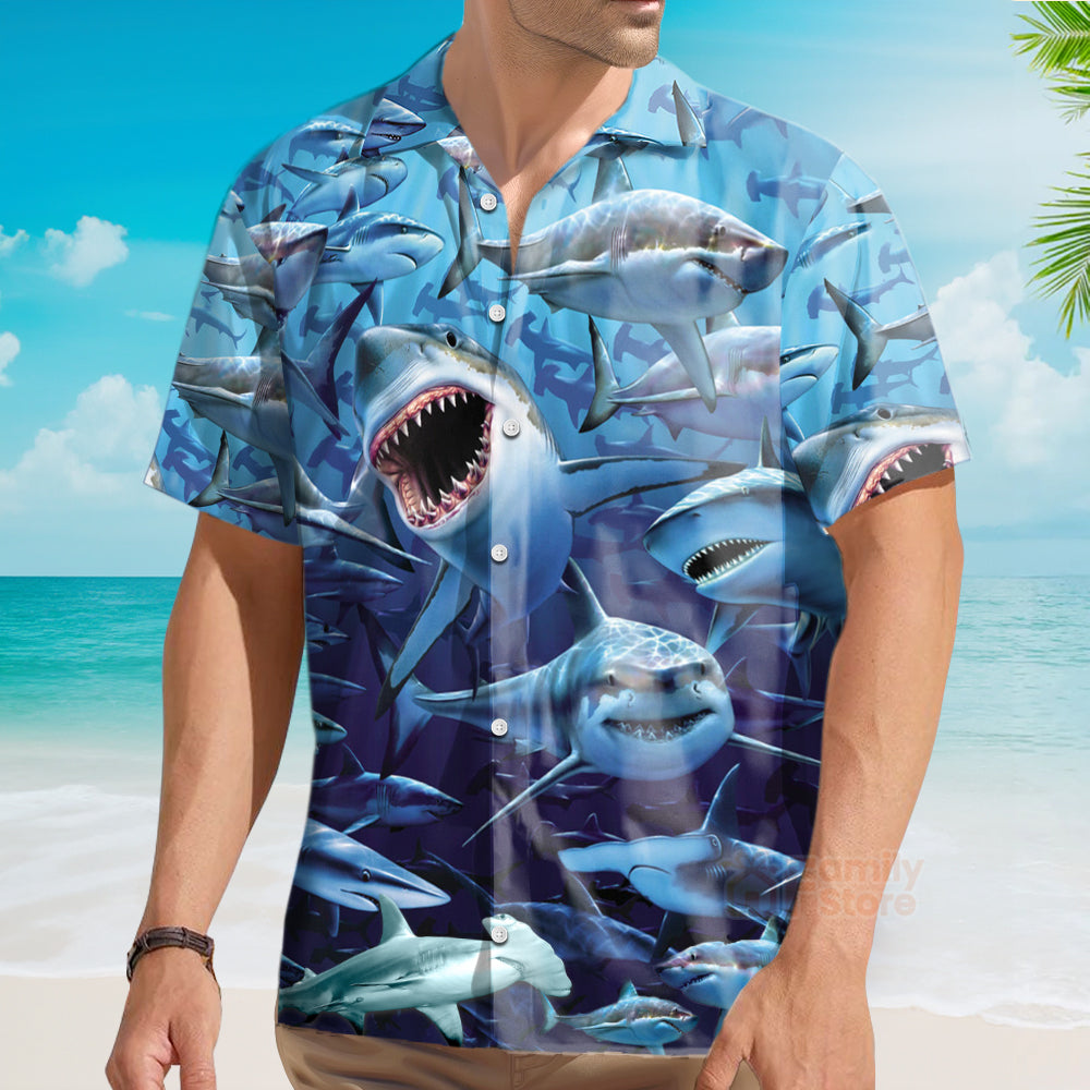 Shark Family Hunting Together Hawaiian Shirt