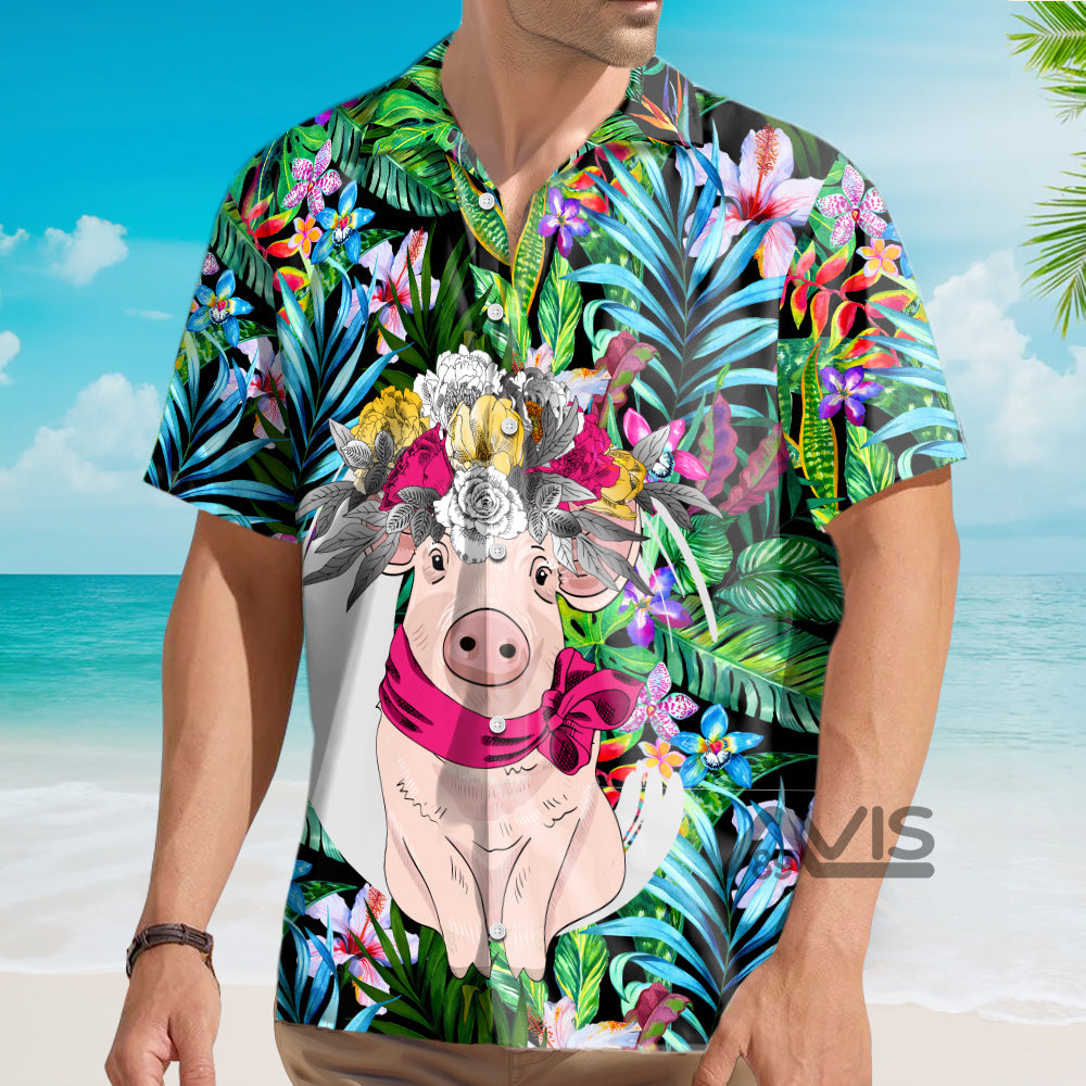 Tropical Flowers Pink Pig - Hawaiian Shirt Summer Vibe