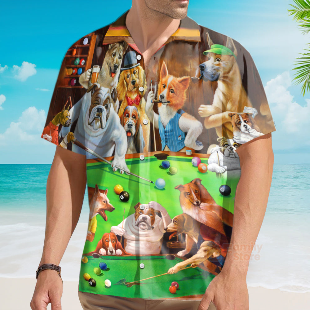 Funny Vintage Billiard Dogs Playing Pool - Hawaiian Shirt