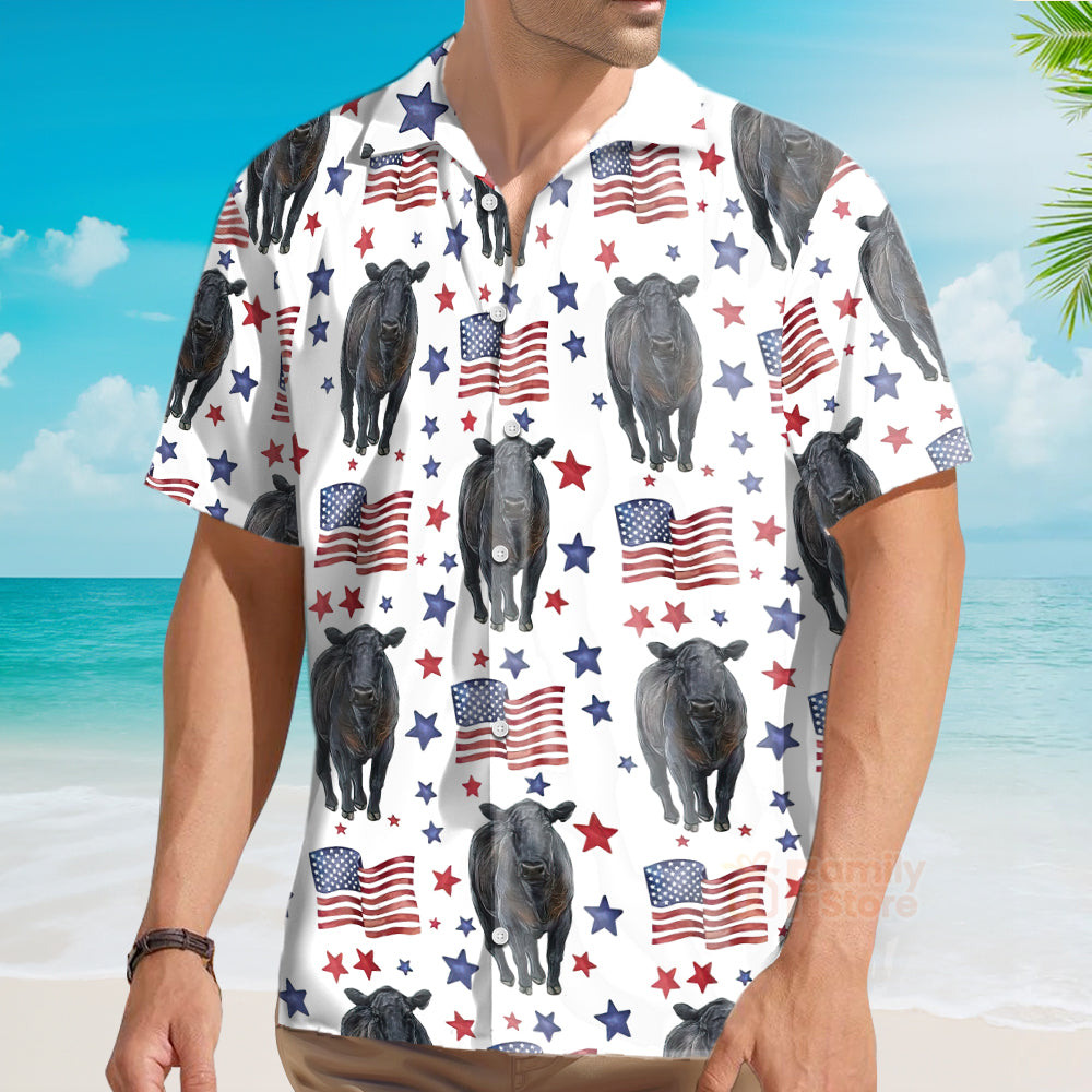 Unique Black Angus American Flag Pattern Hawaiian Shirt