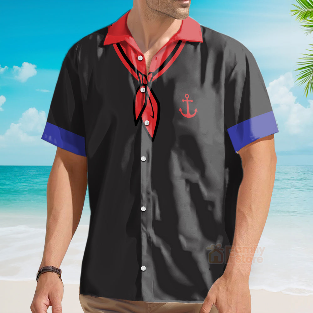 Black Popeye Dress Up Red Bow Tie Print Short Sleeve Aloha Hawaiian Shirt