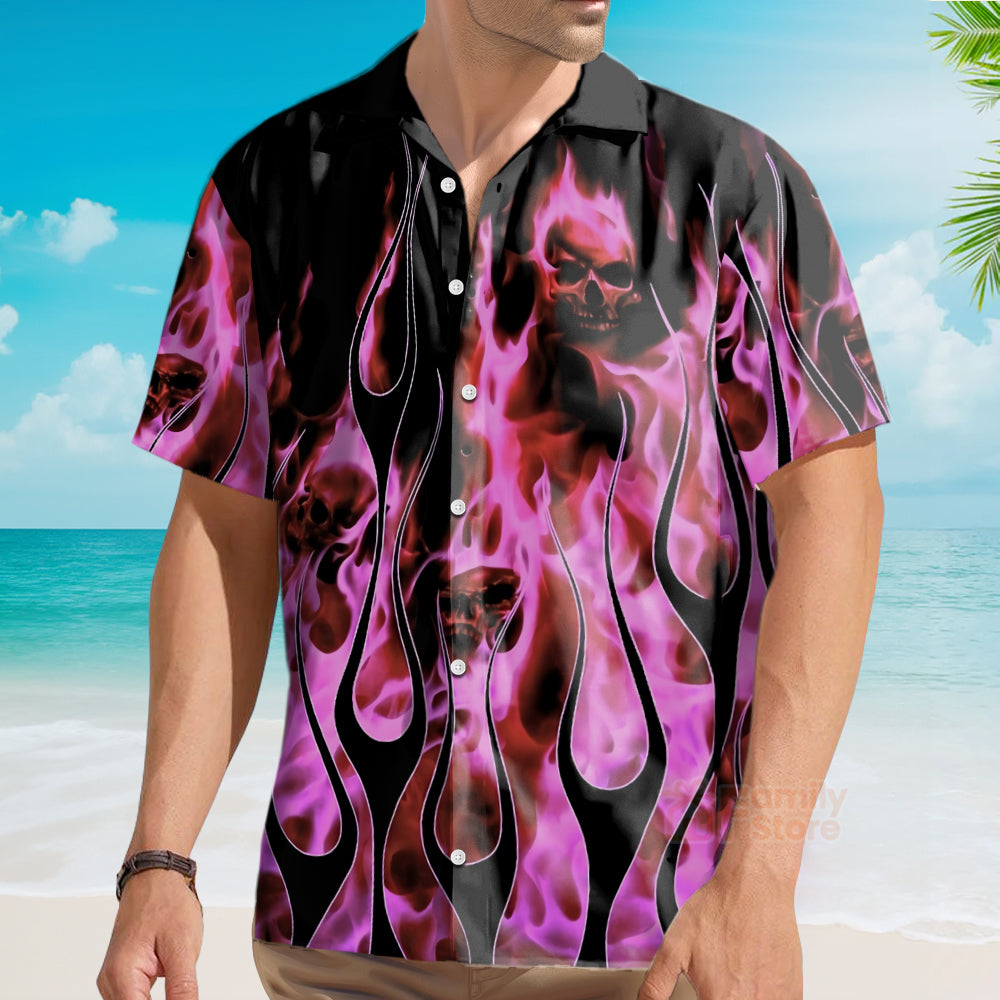 Pink Flames And Skulls In The Dark Hawaiian Shirt