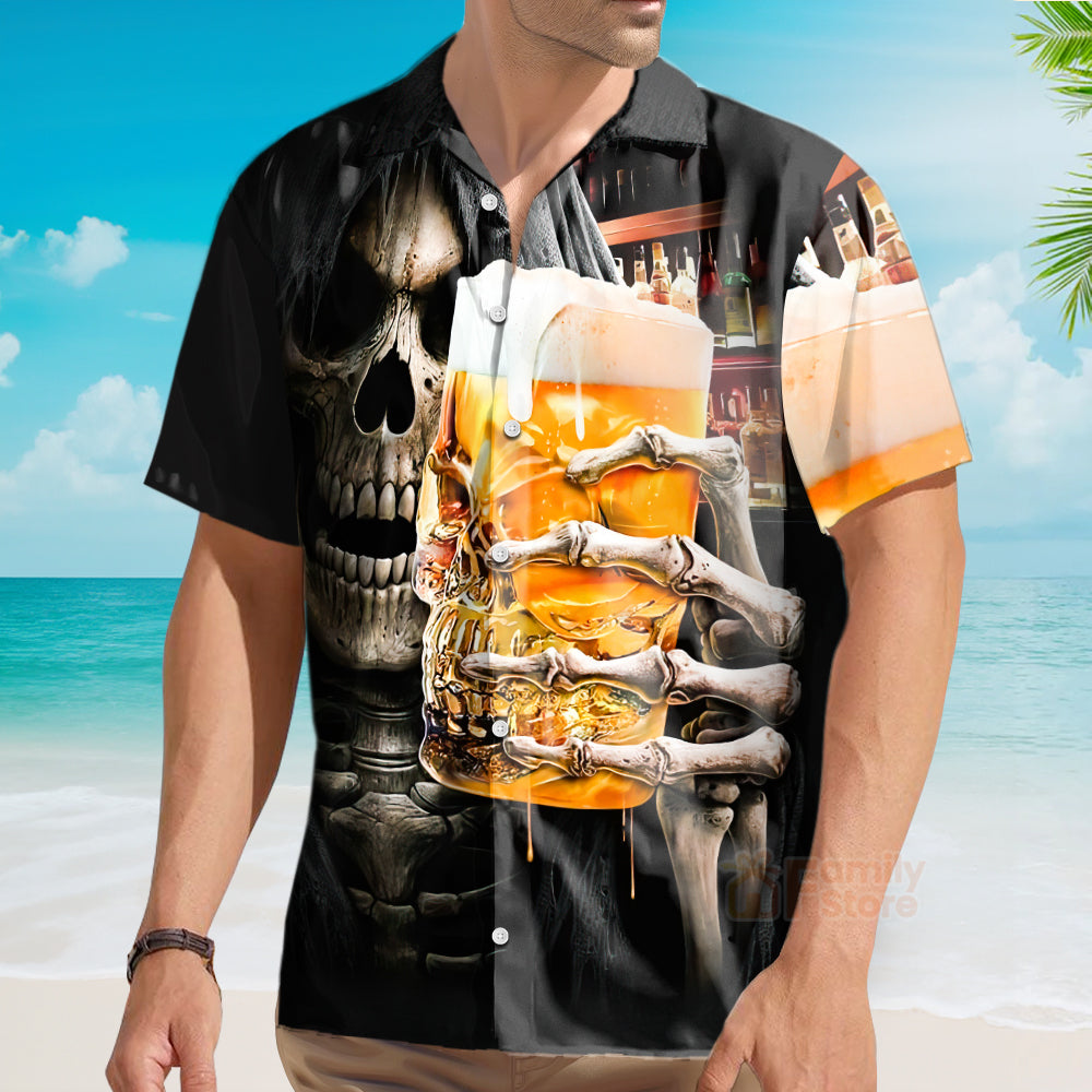 Skeleton Drinking Beer Chest Pocket Short Sleeve Casual Hawaiian Shirt