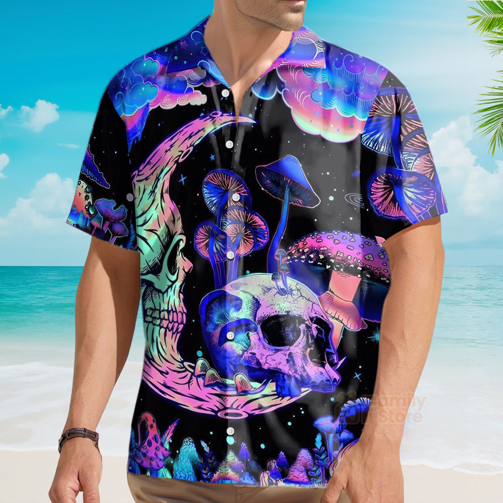 Psychedelic Hippie Moon Skull And Mutated Mushroom Hawaiian Shirt