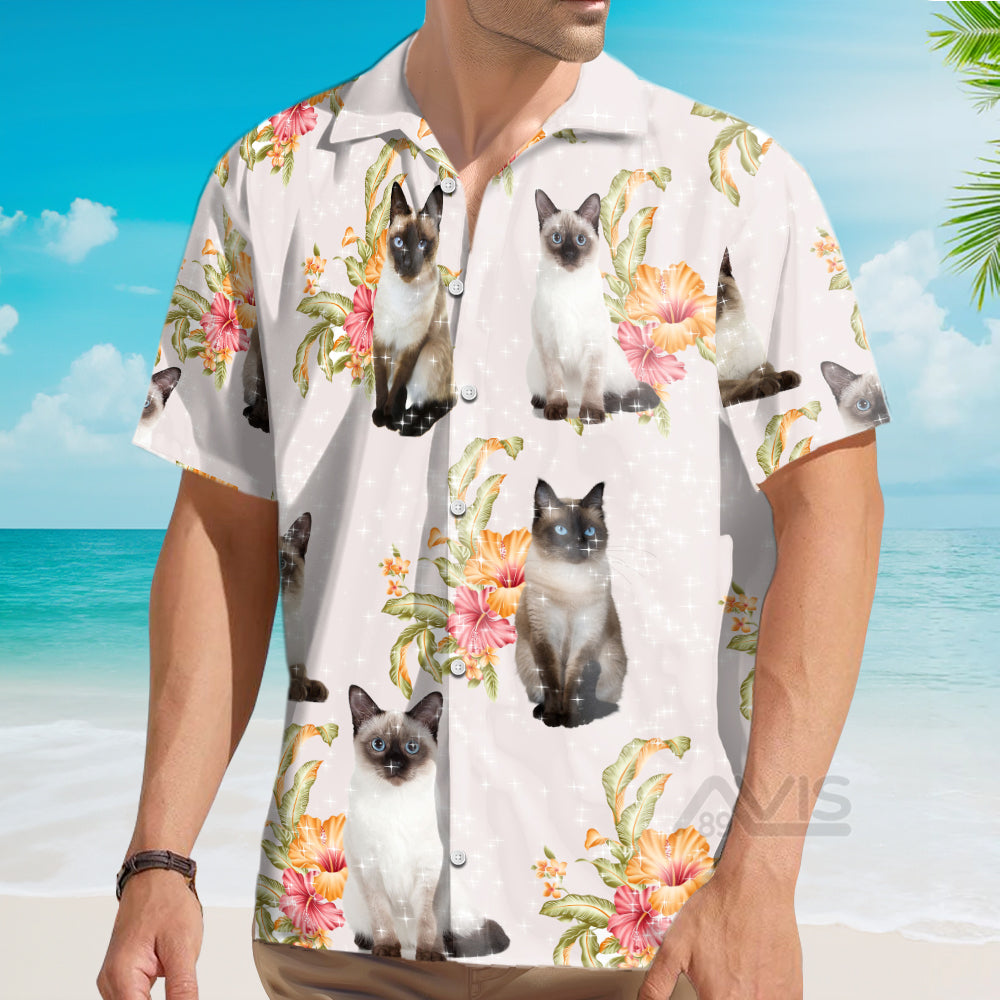 Cat Tropical Floral Siamese Cat - Hawaiian Shirt
