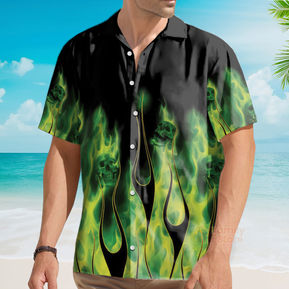 Green Flame Skull Flame - Chest Pocket Short Sleeve Hawaiian Shirt