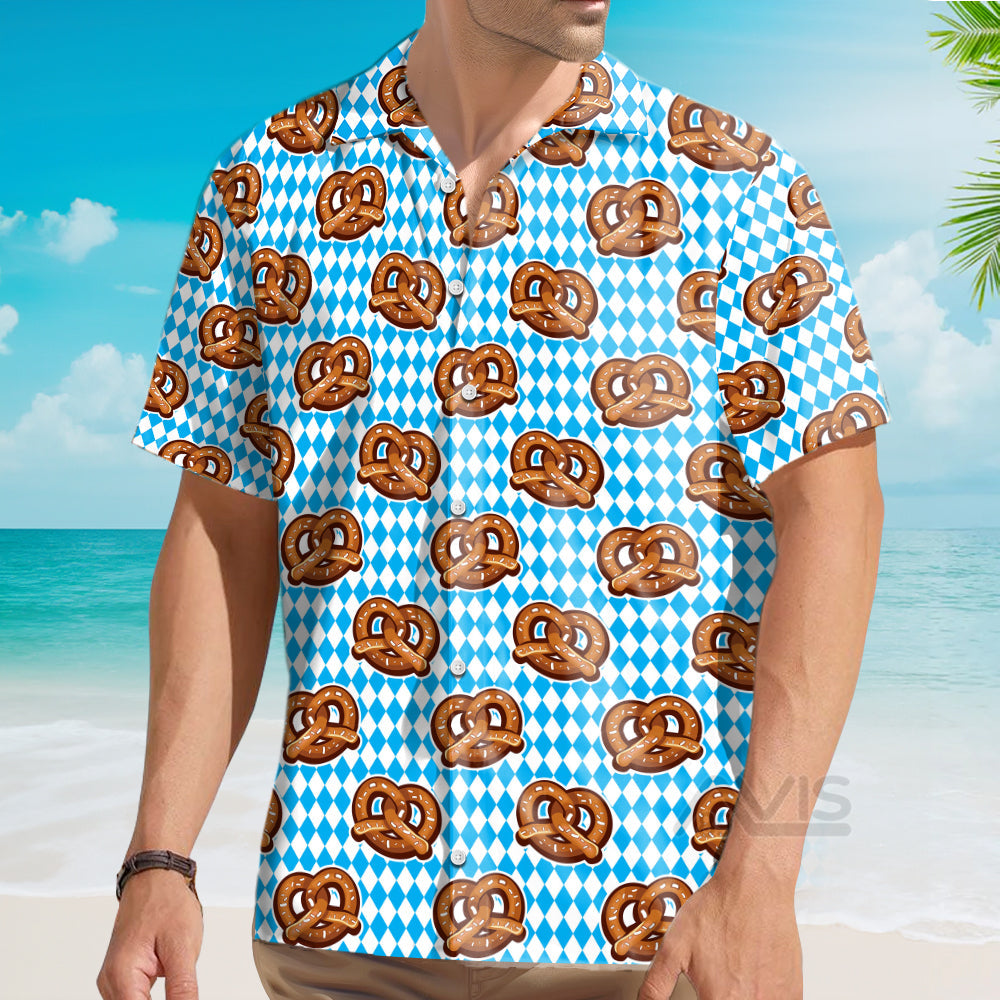 Oktoberfest Pretzels Blue Checkered Pattern Aloha Hawaiian Shirts