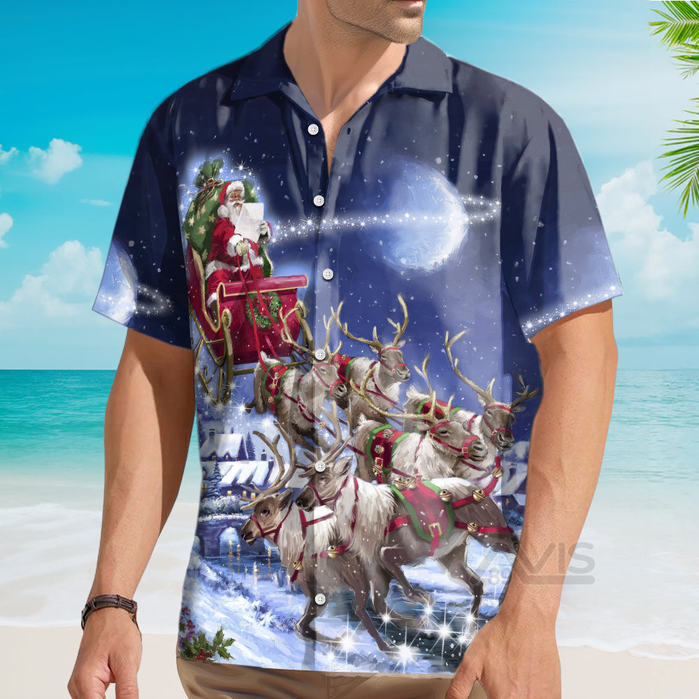 Santa Claus With Reindeer On Christmas Day - Hawaiian Shirt