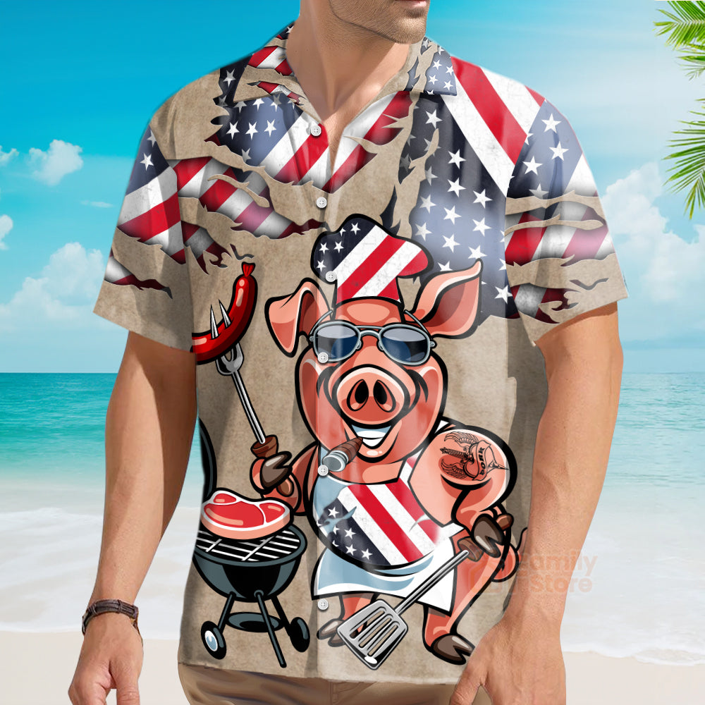 BBQ Pig Cooker Chest Pocket Short Sleeve Casual Shirt Hawaiian Shirt