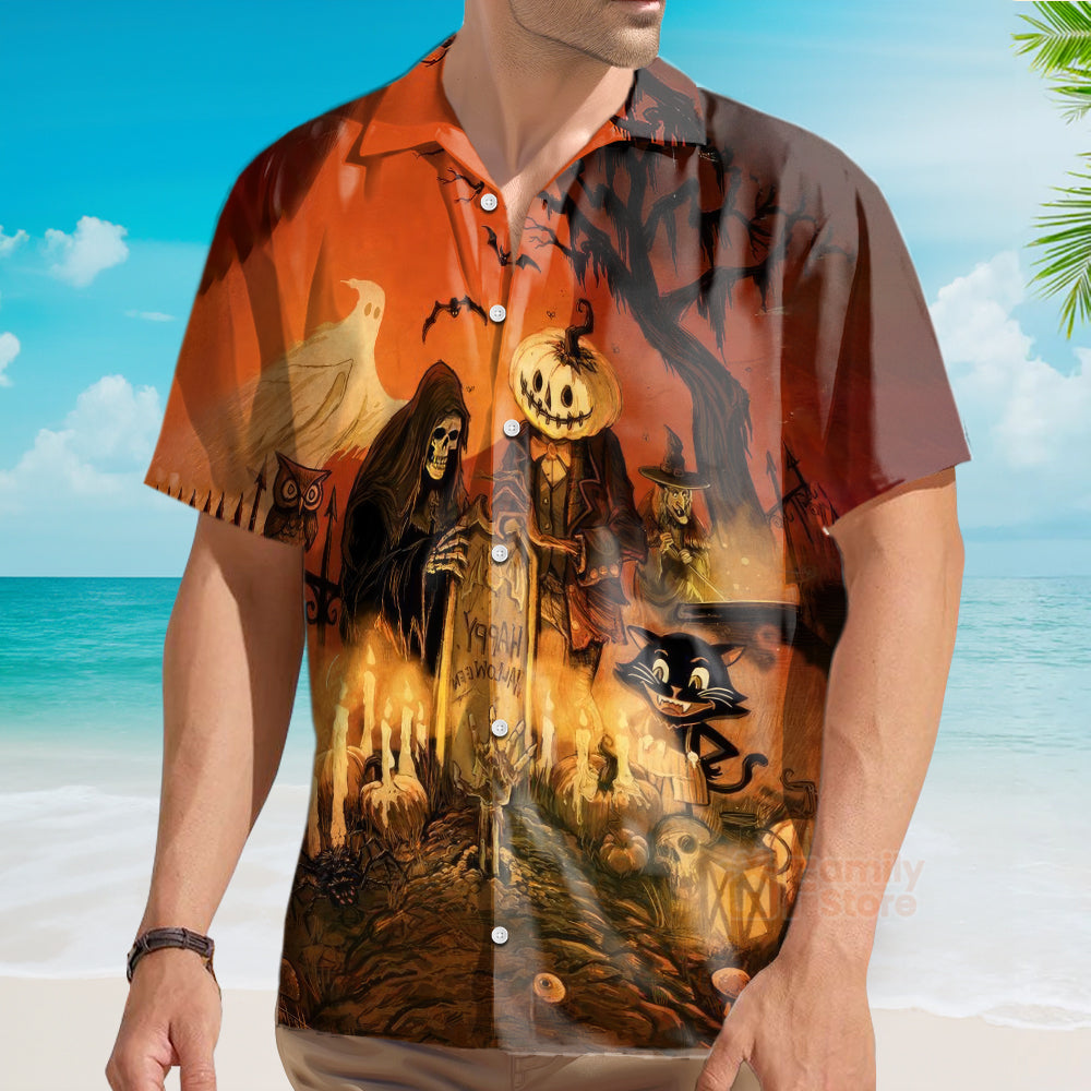 Vintage Halloween Grim Reaper, Black Cat - Hawaiian Shirt