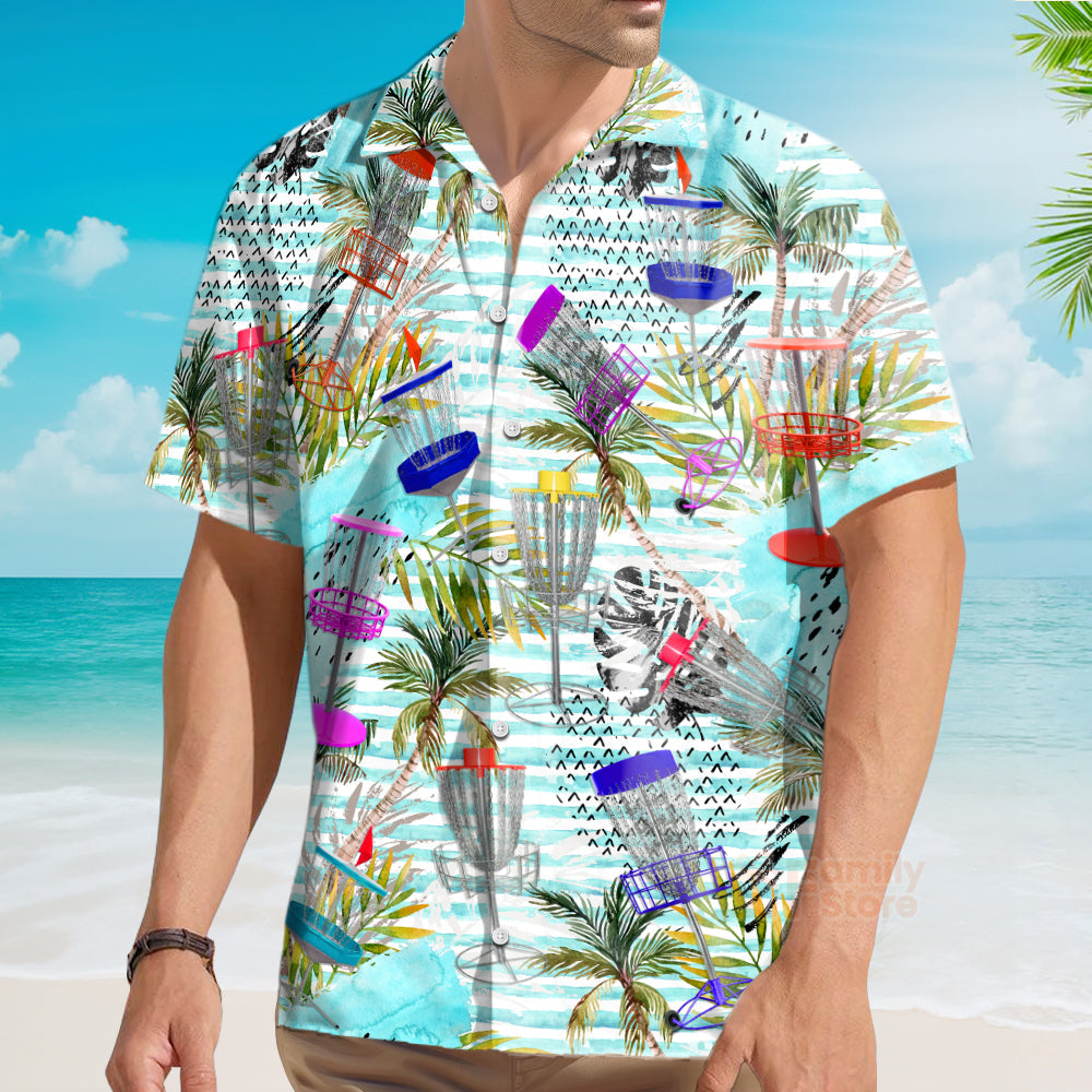 Disc Golf Tropical Palm Trees Pattern Aloha Hawaiian Shirts For Men, Women