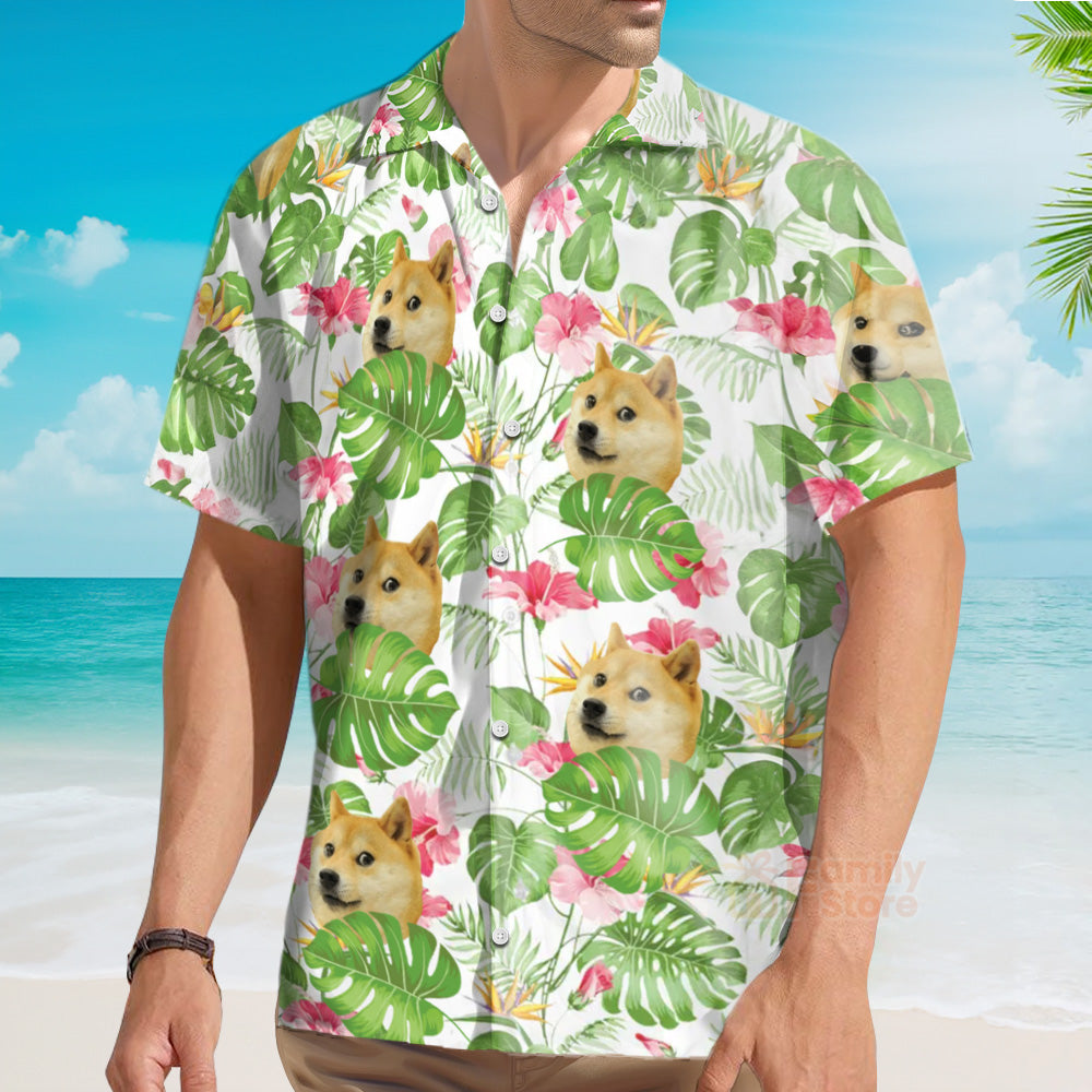Custom Photo Tropical Leaf With Funny Shiba Dog - Hawaiian Shirt