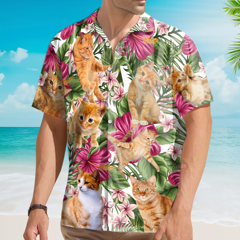Cat Tropical Floral Orange Cat - Hawaiian Shirt