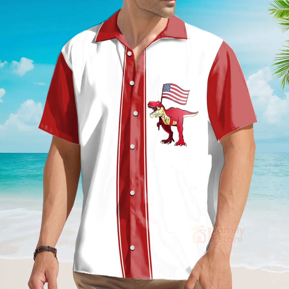 American Flag Dinosaur Chest Pocket Short Sleeve Bowling Shirt Hawaiian Shirt