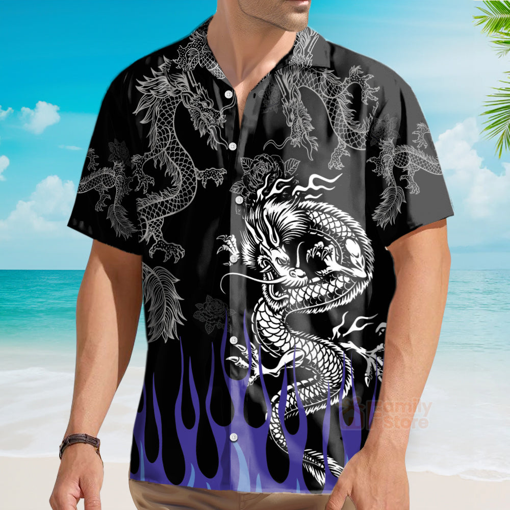 Tribal Tattoo Dragon With Blue Flame Hawaiian Shirt