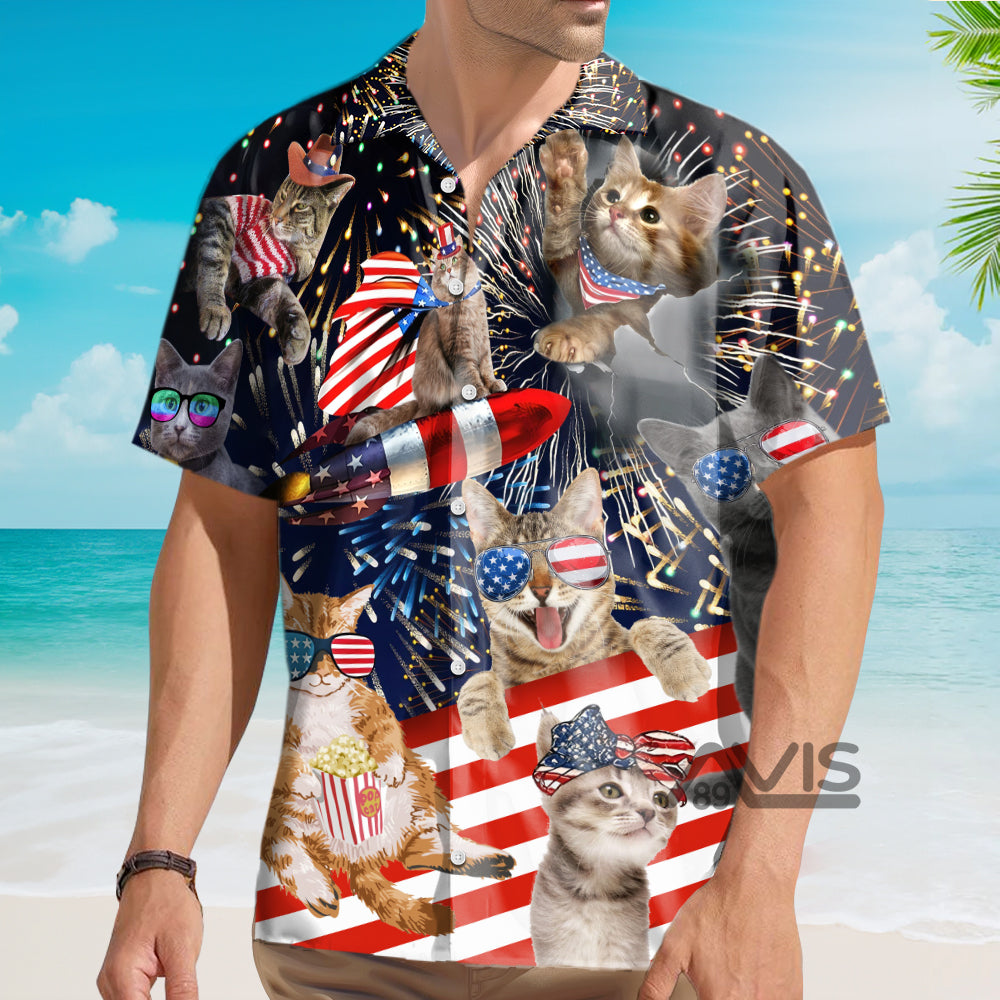 Cat Independence Day Happy Firework - Hawaiian Shirt