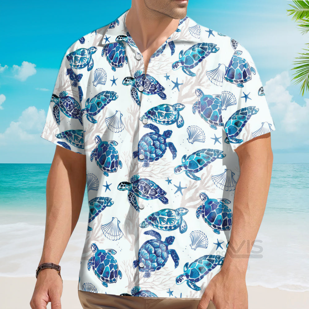Blue Sea Turtle And Mussel Pattern - Hawaiian Shirt