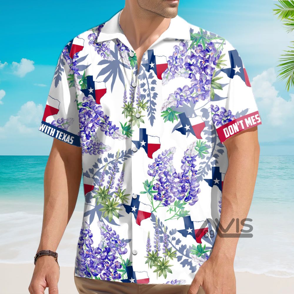 Bluebonnet Texas Purple Version Button Down Floral And Flag - Hawaiian Shirt